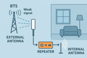 Diagram cara kerja penguat sinyal 5G menangkap dan memancarkan ulang sinyal.